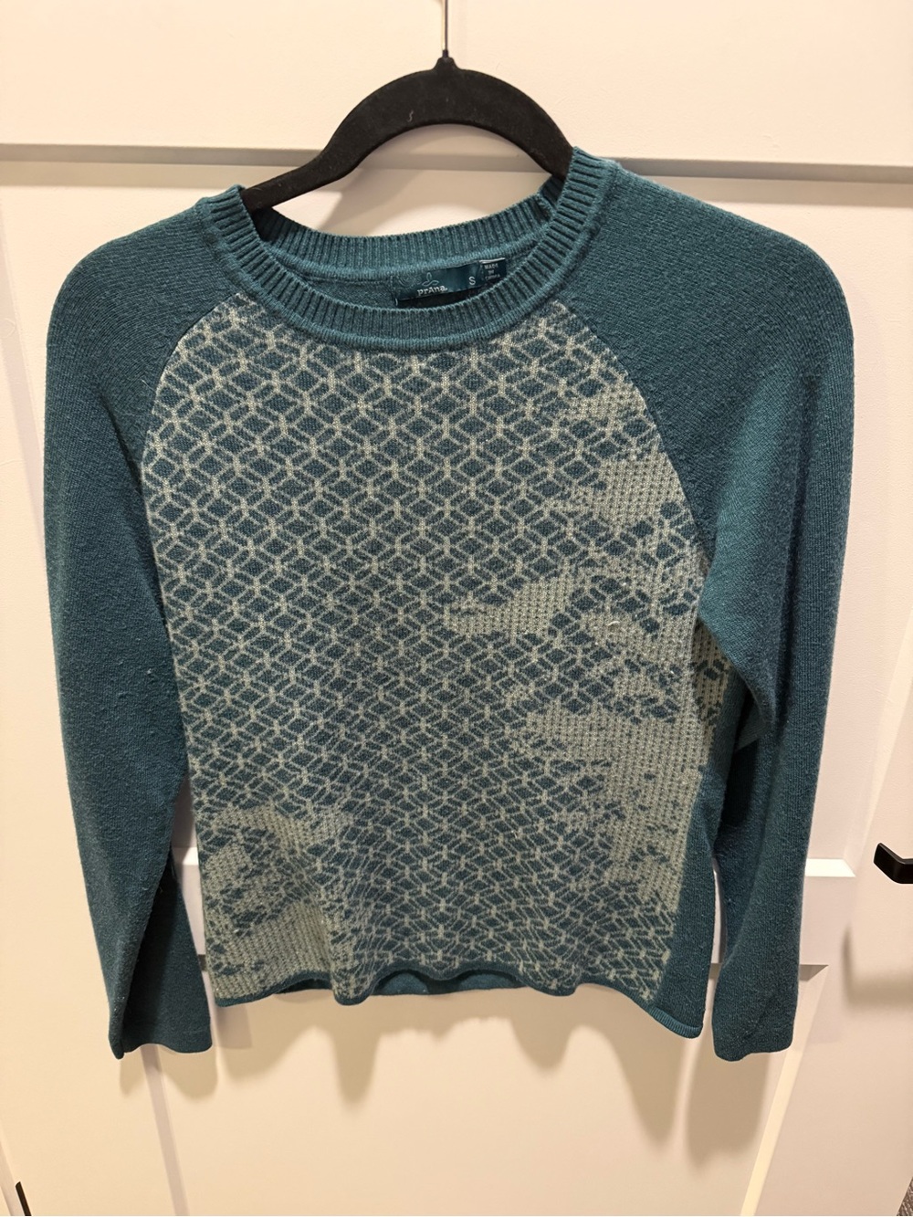 prAna Antonia Crewneck Sweater Women S Teal Green Wool Blend Jacquard
